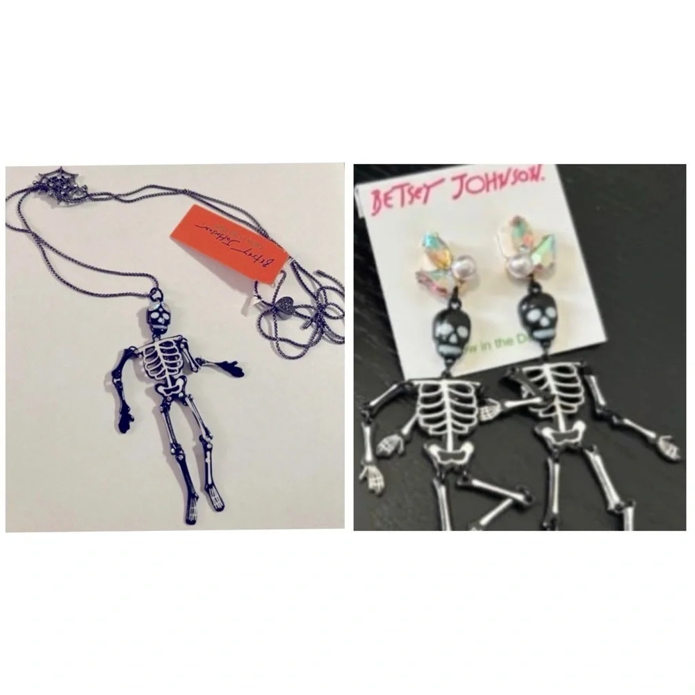 BETSEY JOHNSON SET Halloween Skeleton Glow in Dark Necklace & Earrings NEW NWT